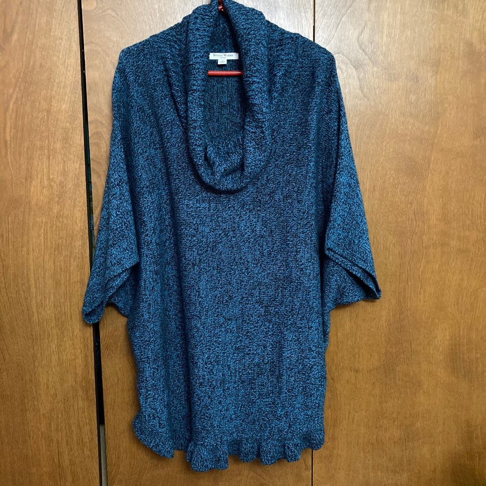 Blue Cowl Neck, Ruffled Hem, Poncho Sweater 1X